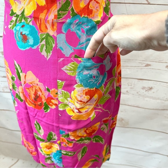 Vintage Retro 90’s Moda INTL Fuchsia Tropical Floral Pocket Sheath Dress - Picture 6 of 10